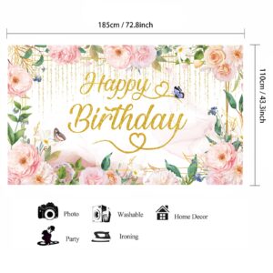 SMENGGIL Florals Happy Birthday Banner Backdrop Flowers Plants Butterfly Photography Background Hanging Pink Gold Green Birthday Party Decoration Supplies for Girls Womens Birthday Decor 72.8*43.3in