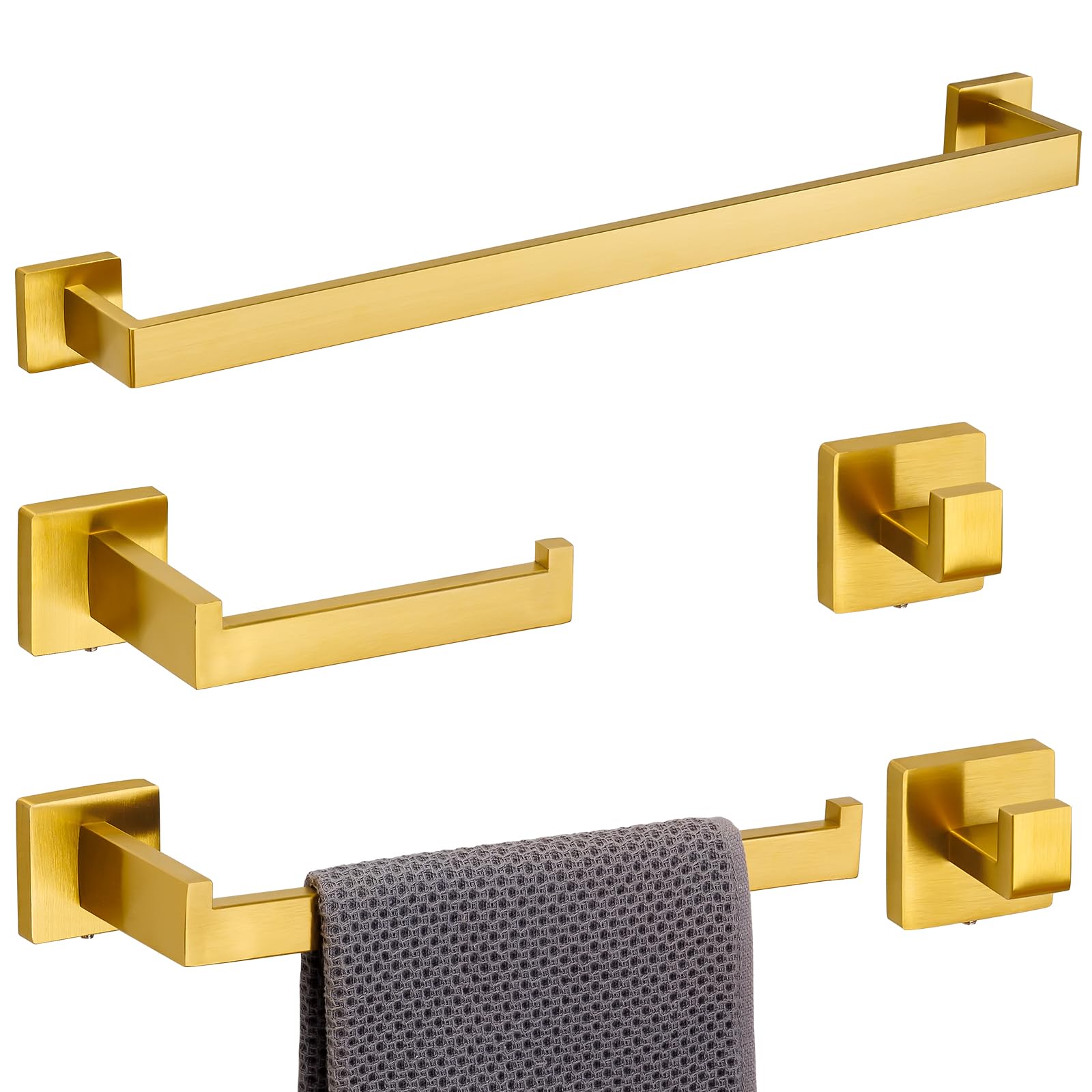 Fenas 5 Piece Bathroom Hardware Set 23.6 Inch Brushed Gold Towel Bar Set Bathroom Towel Holder Set Towel Rack Set Heavy Duty Wall Mounted