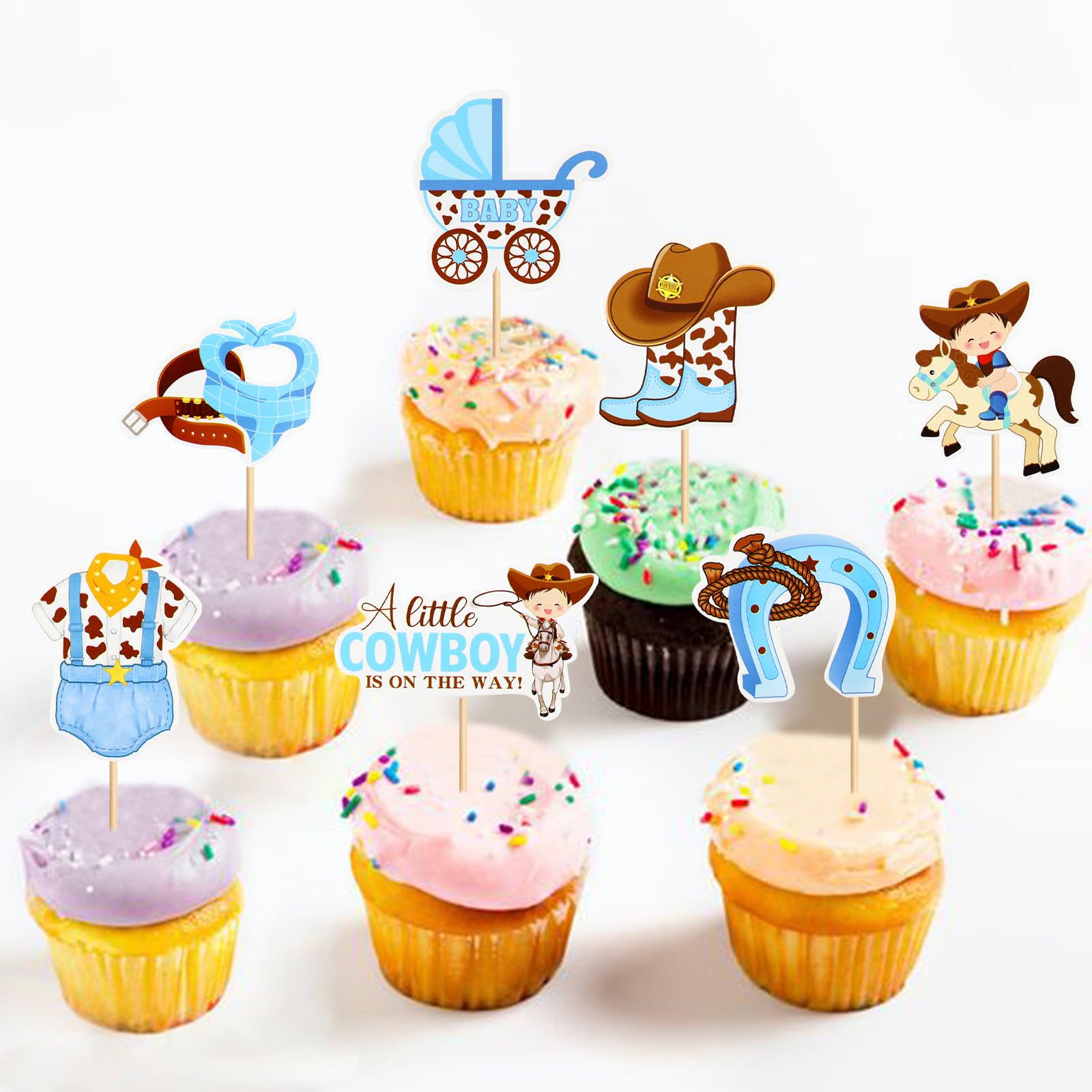 Keaziu 36PCS A little Cowboy is On The Way Cupcake Toppers Cowboy Riding HorseShoe Cowgirl Hats Western Theme Happy Birthday Baby Shower Party Cake Decorations Supplies Blue 3