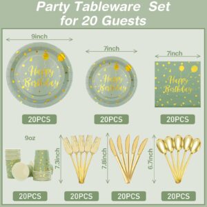 192 Pcs Sage Green Birthday Party Decorations - Sage Green Birthday Plates and Napkins Party Supplies Serve 20 - Sage Birthday Decorations with Birthday Banner Balloon Fringe Curtain for Women Girls