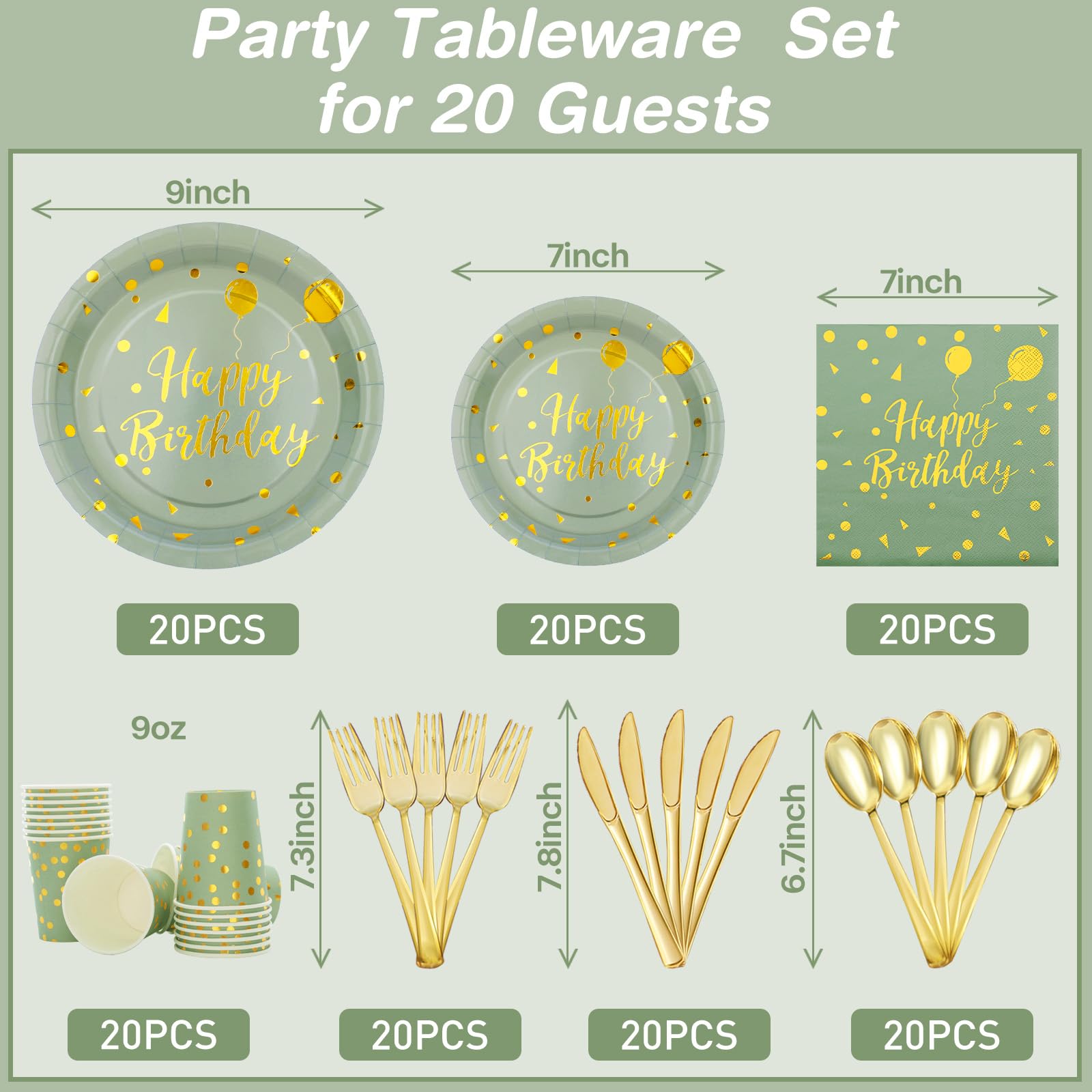 192 Pcs Sage Green Birthday Party Decorations - Sage Green Birthday Plates and Napkins Party Supplies Serve 20 - Sage Birthday Decorations with Birthday Banner Balloon Fringe Curtain for Women Girls