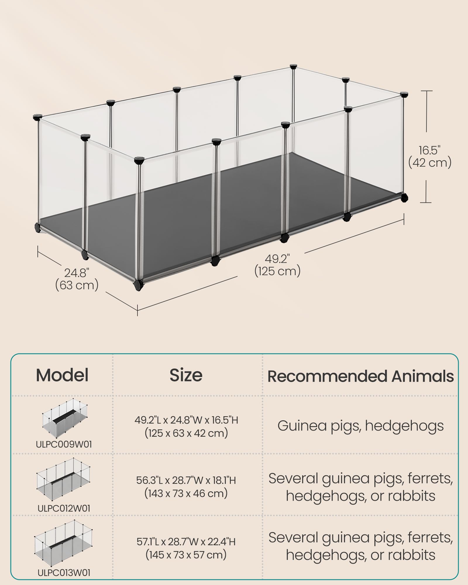 SONGMICS 20 Panels Guinea Pig Playpen,Removable Oxford Fabric Mat,Small Animal Pen, Pet Fence Indoor,DIY Plastic Enclosure for Hamsters, Rabbits, Hedgehogs, 49.2 x 24.8 x 16.5 Inches, White ULPC009W01