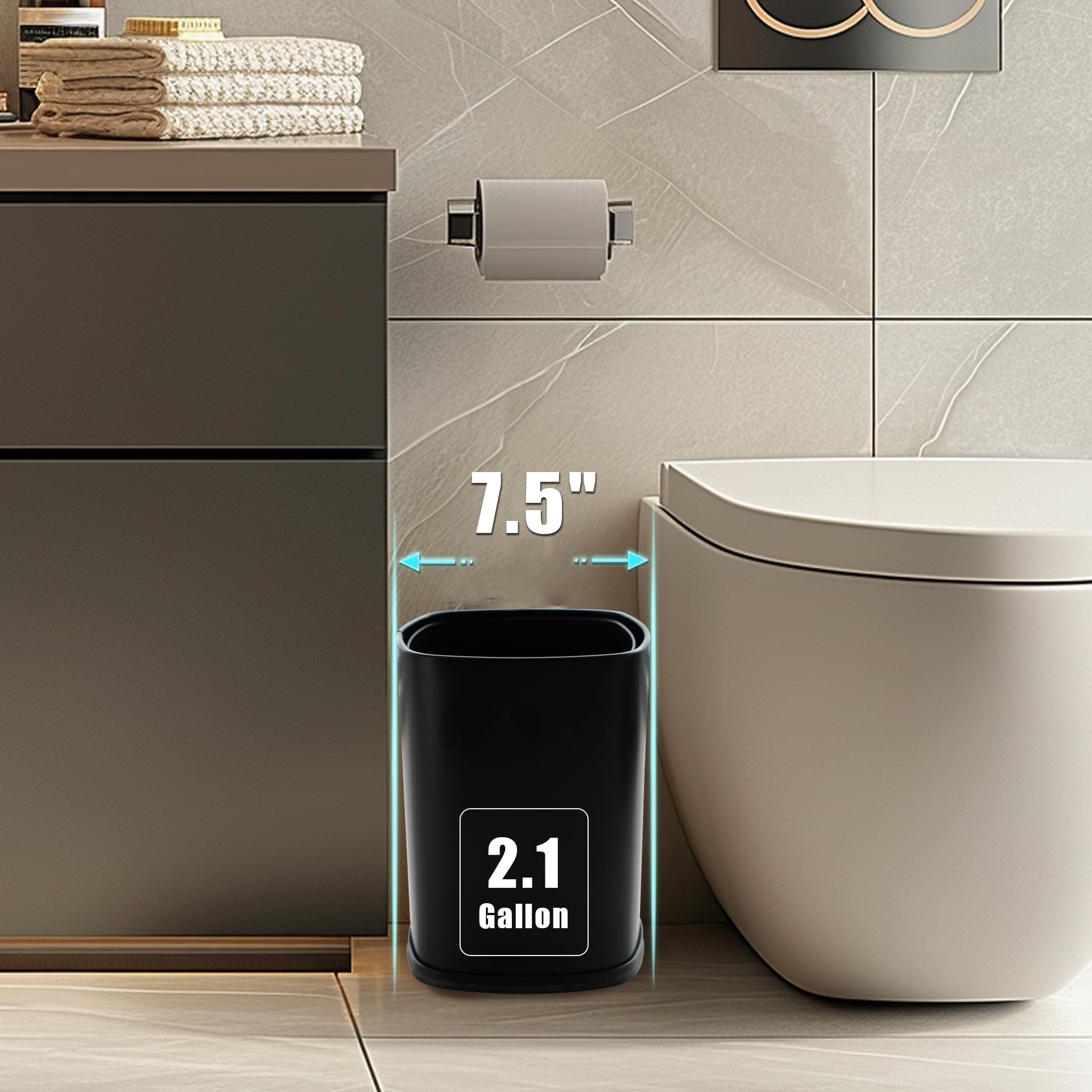 EmoH Small Bathroom Trash Can 2.1 Gallon /8-Liter Wastebasket, Modern Matte Black Stainless Steel Garbage Bin for Bedroom, Home Office, Toilet, RV, Under Sink, Near Desk