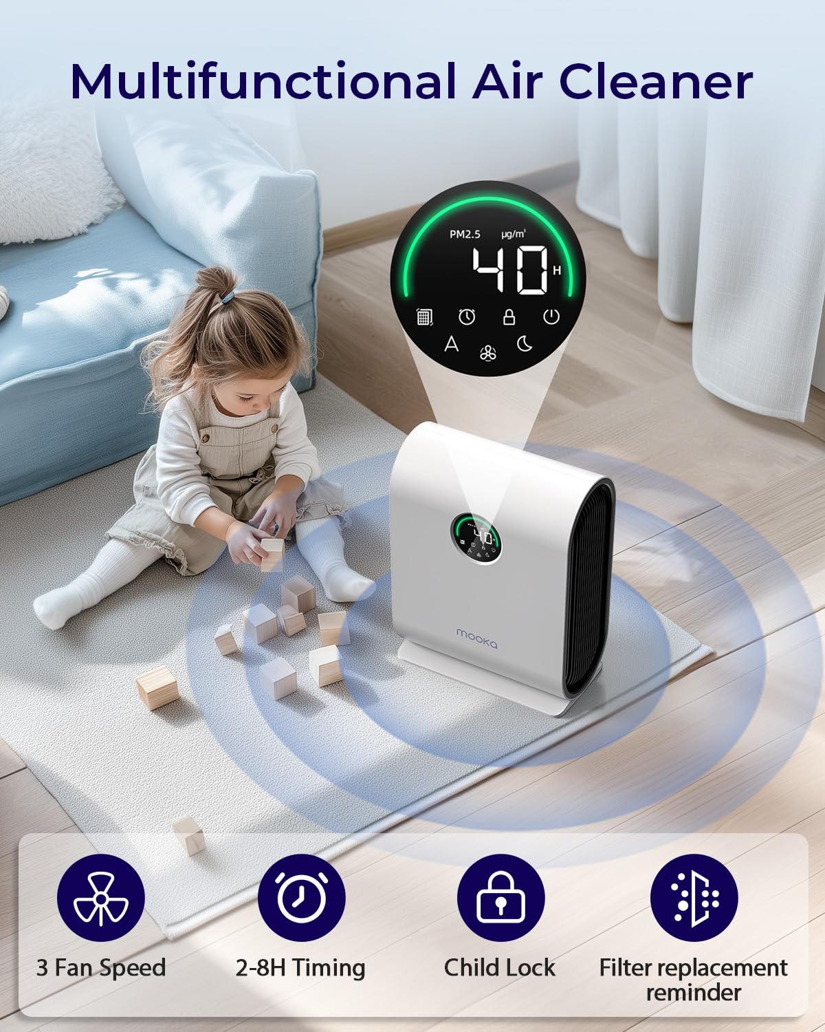 Air Purifiers for Home Large Room Up to 2500 ft² with PM 2.5 Display Air Quality Sensors, MOOKA H13 HEPA Air Purifier With Auto Mode for Pets Dust Odor Smoke, Timer, 15dB Sleep Mode for Bedroom, KJ217