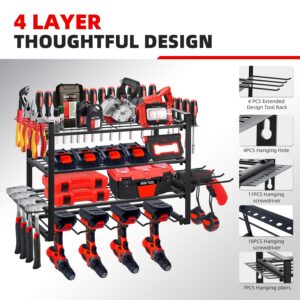 AKM TOOL Power Tool Organizer, 4 Layer Heavy Duty Drill Holder, Power Tool Organizer Wall Mount with 4 PCS Heavy Duty Steel Garage Hooks, Drill Holder Wall Mount for Garage Organization