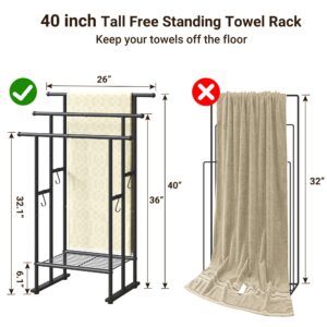 ELYKEN 3 Tier Standing Towel Rack, 40'' Tall Towel Drying Rack Outdoor, Freestanding Floor Towel Rack with Shelf, Pool Towel Blanket Stand, Metal Towel Racks for Bathroom freestanding, Matte Black