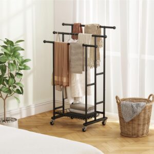 SORCEDAS Towel Rack 3 Tier Free Standing Metal Towel Stand with Storage Basket and Wheel for Extra Large Towel Blanket Drying Bath Towels Bathroom (Black)