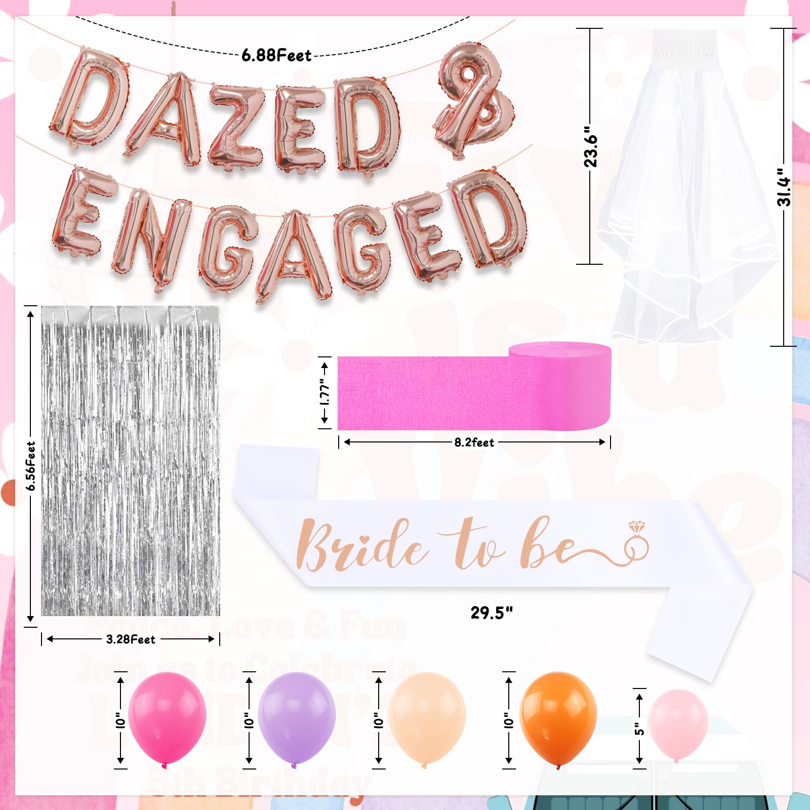 Dazed and Engaged Bachelorette Decorations, 70s Retro Groovy Bachelorette Party Decoration, Pink Orange Daisy Groovy Balloon Arch Bridal Shower Party Fringe Backdrop, Bride to Be Sash and Veil