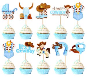 keaziu 36pcs a little cowboy is on the way cupcake toppers cowboy riding horseshoe cowgirl hats western theme happy birthday baby shower party cake decorations supplies blue 3