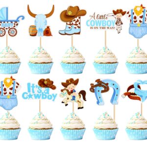 Keaziu 36PCS A little Cowboy is On The Way Cupcake Toppers Cowboy Riding HorseShoe Cowgirl Hats Western Theme Happy Birthday Baby Shower Party Cake Decorations Supplies Blue 3