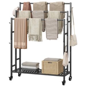 sorcedas towel rack 3 tier free standing metal towel stand with storage shelf and wheel for extra large towel blanket drying (black)