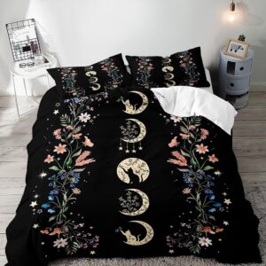 luvivihome 3pcs black cat moon phase duvet cover queen bedding sets, boho aesthetic celestial witchy mystic gothic moonlit wildflower floral plant botanical black comforter quilt cover, 2 pillow cases