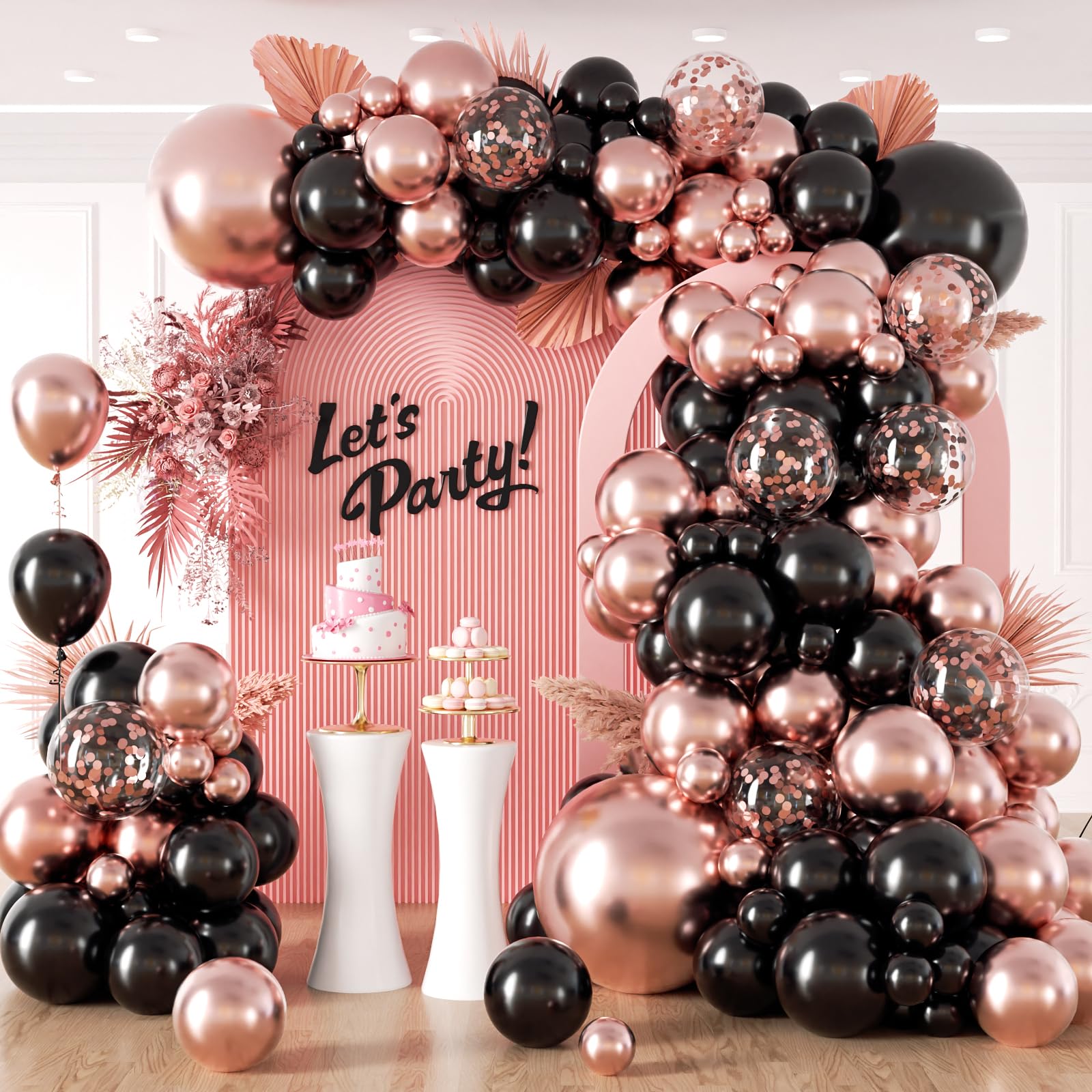 132pcs Rose Gold and Black Balloon Arch Kit, Metallic Rose Gold and Black Balloons Different Sizes of 18 12 10 Inch with Confetti Balloon for Wedding Graduation Baby Shower Birthday Party Decoration