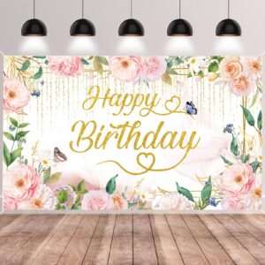 smenggil florals happy birthday banner backdrop flowers plants butterfly photography background hanging pink gold green birthday party decoration supplies for girls womens birthday decor 72.8*43.3in