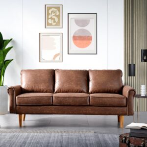 ovios 73.6" mid-century modern sofa couch, 3-seats leather couches with comfy cushions, deep seat sofas for living room bedroom apartment and small spaces, dark brown