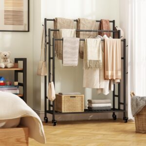 SORCEDAS Towel Rack 3 Tier Free Standing Metal Towel Stand with Storage Shelf and Wheel for Extra Large Towel Blanket Drying (Black)