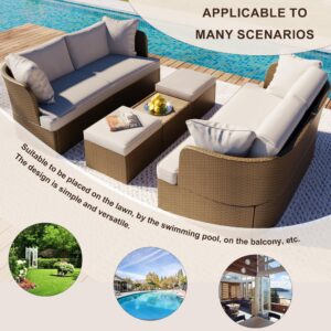 XD Designs 5-Piece Outdoor Patio Daybed Convertible Sofa Set, All-Weather PE Wicker Conversation Set with Washable Cushions and Liftable Coffee Table for Garden Backyard Poolside (Beige+HD)