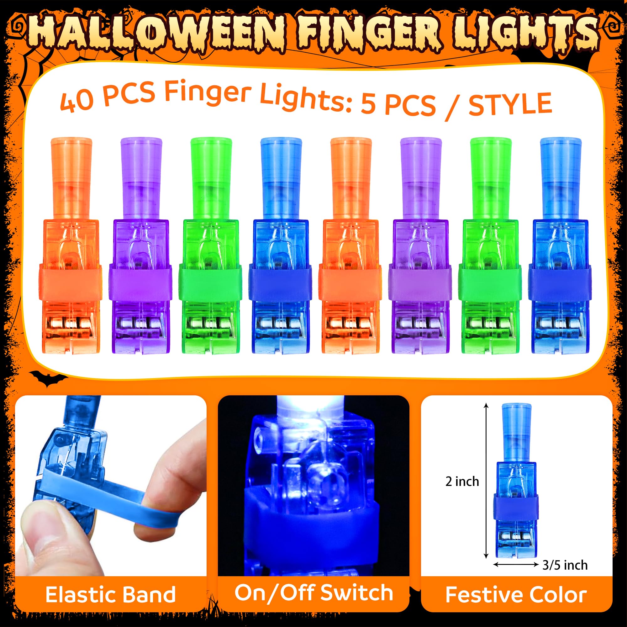 Halloween Party Favors, 40 Finger Lights for Kids Halloween Goodie Bag Fillers Basket Pinata Stuffers Light Up Halloween Toys Bulk Party Favor bag Treats Non Candy Halloween Classroom Prizes Supplies