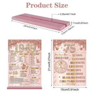 Bumqviy Happy 75th Birthday Decorations Back in 1949 Table Sign for Women, Pink Rose Gold 75 & Fabulous Birthday Two-Sided Wooden Poster with Stand, 75 Year Old Birthday Gift Party Supplies