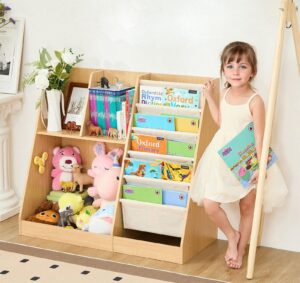 lezastar kids bookshelf and toy storage, kids wooden bookshelf with layer sling bookcase, sling book shelf and toy storage for for playroom, kids room, classroom, nursery (natural)