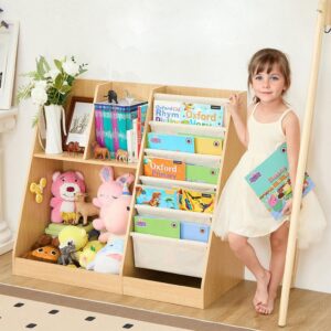 LEZASTAR Kids Bookshelf and Toy Storage, Kids Wooden Bookshelf with Layer Sling Bookcase, Sling Book Shelf and Toy Storage for for Playroom, Kids Room, Classroom, Nursery (Natural)