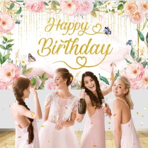 SMENGGIL Florals Happy Birthday Banner Backdrop Flowers Plants Butterfly Photography Background Hanging Pink Gold Green Birthday Party Decoration Supplies for Girls Womens Birthday Decor 72.8*43.3in