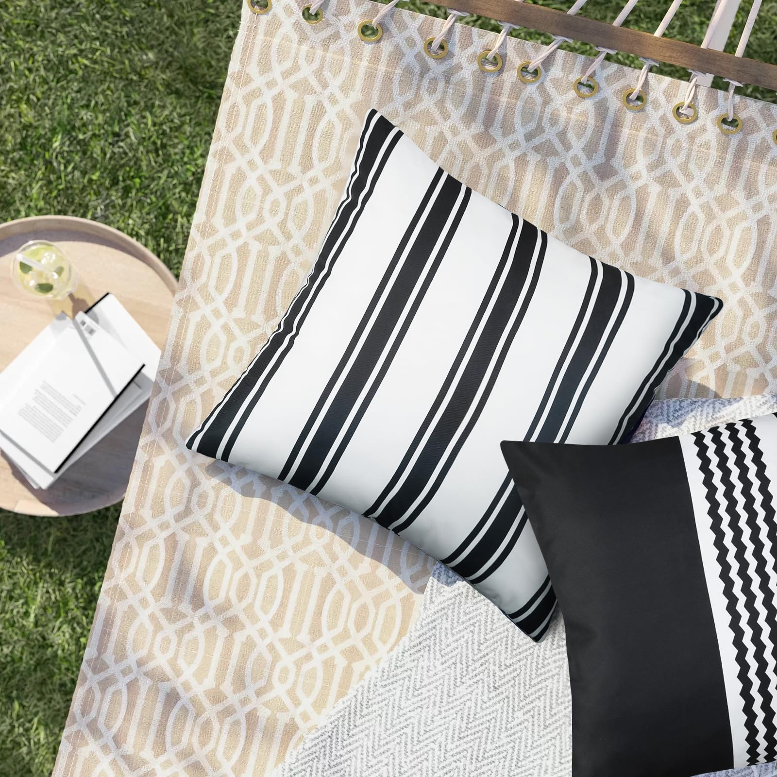 cygnus Pack of 2 Outdoor Waterpoof Throw Pillow Covers Geometric Stripes Square Garden Cushion Cases Patio Furniture Pillow Covers Black and White,18x18 Inch