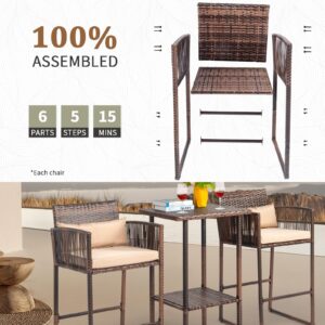 Outvita 3-Piece Outdoor Bar Height Chairs, Rattan High Top Patio Table and Chairs Front Porch Wicker Weaving Furniture Set for Deck Backyard Garden Poolside, Brown