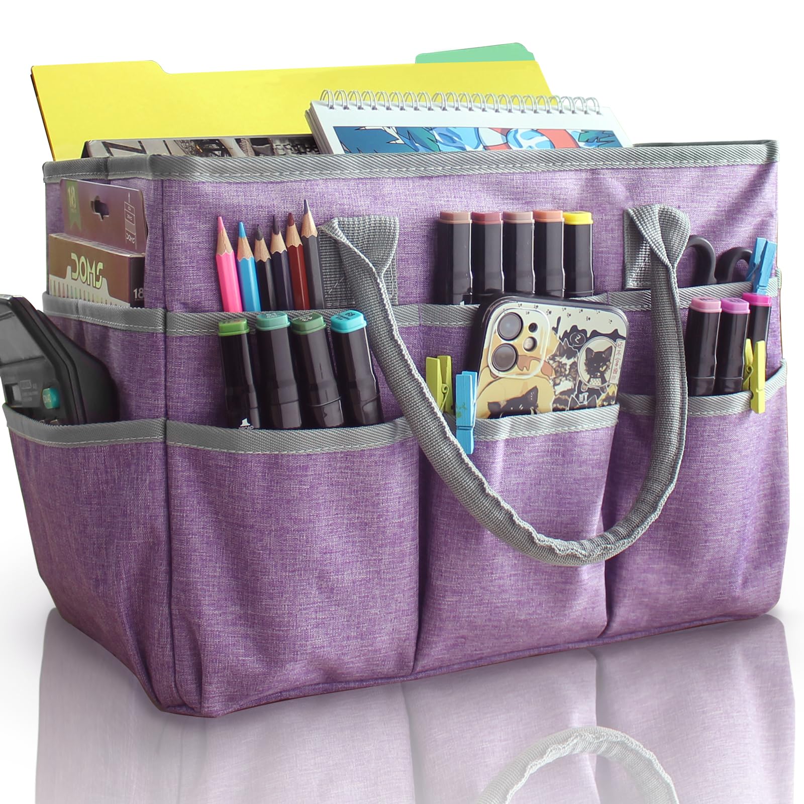 Cupohus Art Organizer Craft Storage Tote Bag with Pockets and Handles, Oxford Fabric Carrying Caddy for Teacher, Officer, Artist, Traveler, and more –Purple