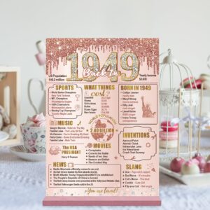 Bumqviy Happy 75th Birthday Decorations Back in 1949 Table Sign for Women, Pink Rose Gold 75 & Fabulous Birthday Two-Sided Wooden Poster with Stand, 75 Year Old Birthday Gift Party Supplies