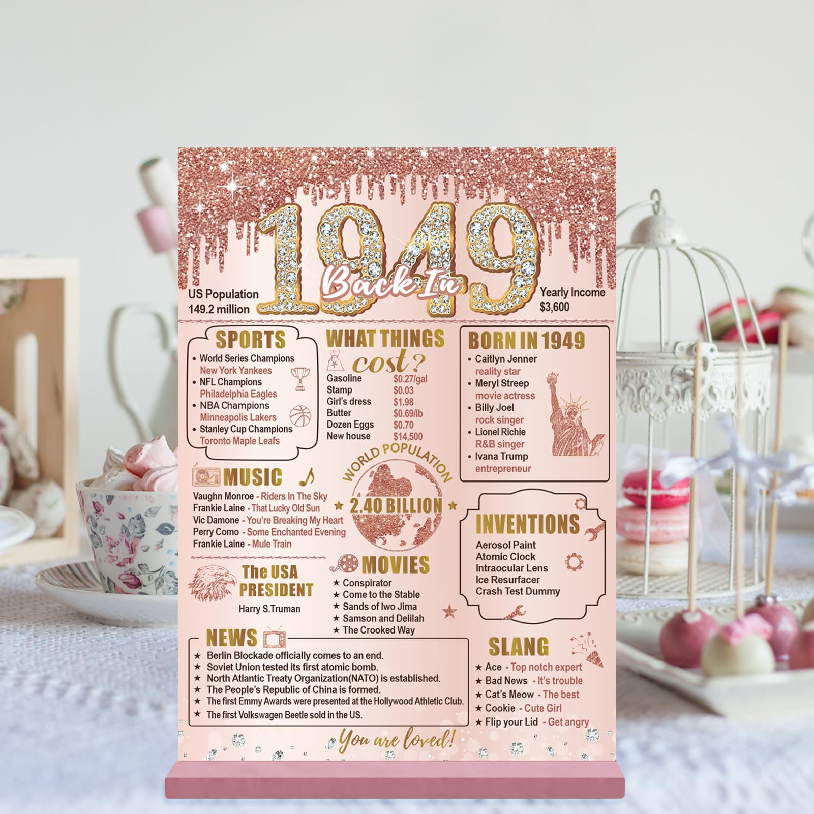 Bumqviy Happy 75th Birthday Decorations Back in 1949 Table Sign for Women, Pink Rose Gold 75 & Fabulous Birthday Two-Sided Wooden Poster with Stand, 75 Year Old Birthday Gift Party Supplies