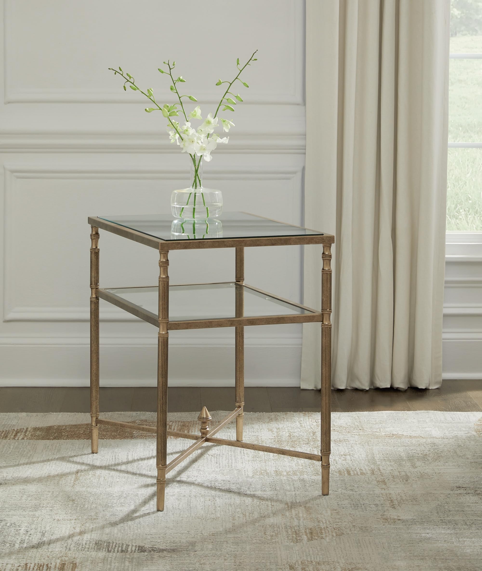 Signature Design by Ashley Cloverty Industrial Mirror-Tabletop End Table with Round Legs and Glass Shelf, Metallic