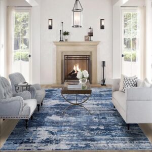 area rugs 9x12 living room: large machine washable area rug with non slip backing non shedding abstract stain resistant carpet for bedroom dining room nursery home office - beige/blue