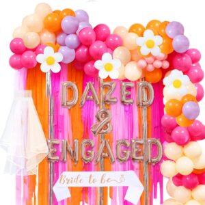 dazed and engaged bachelorette decorations, 70s retro groovy bachelorette party decoration, pink orange daisy groovy balloon arch bridal shower party fringe backdrop, bride to be sash and veil