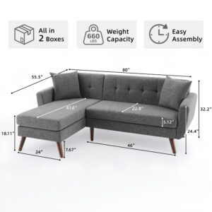 Tbfit 80" W L Shaped Couch with Two Pillows, Mid-Century Modern Couches with Wooden Legs, L Shaped Sofa with Wide Lounge for Small Space, Button Tufted Gray Couch for Living Room and Bedroom, Gray