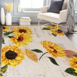 Sunflower Rug 5' x 7' Large Oil Painting Artwork Rugs for Living Room Bedroom, Non Slip Washable Low-Pile Soft Indoor Floor Throw Carpet for Apartment Bathroom Dining Room