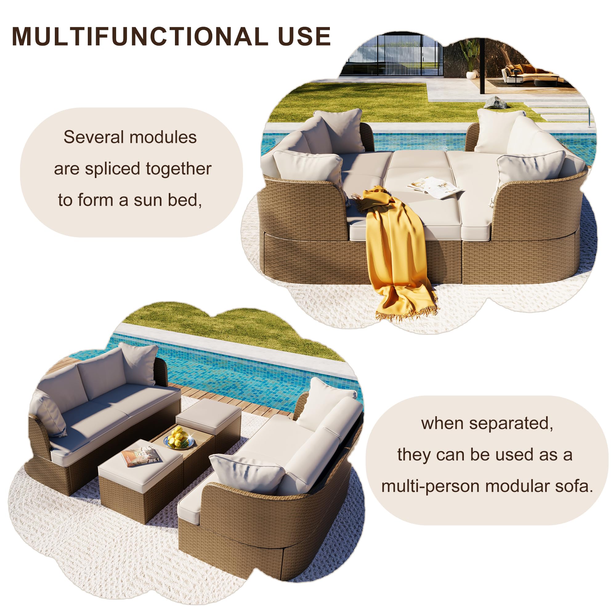 XD Designs 5-Piece Outdoor Patio Daybed Convertible Sofa Set, All-Weather PE Wicker Conversation Set with Washable Cushions and Liftable Coffee Table for Garden Backyard Poolside (Beige+HD)