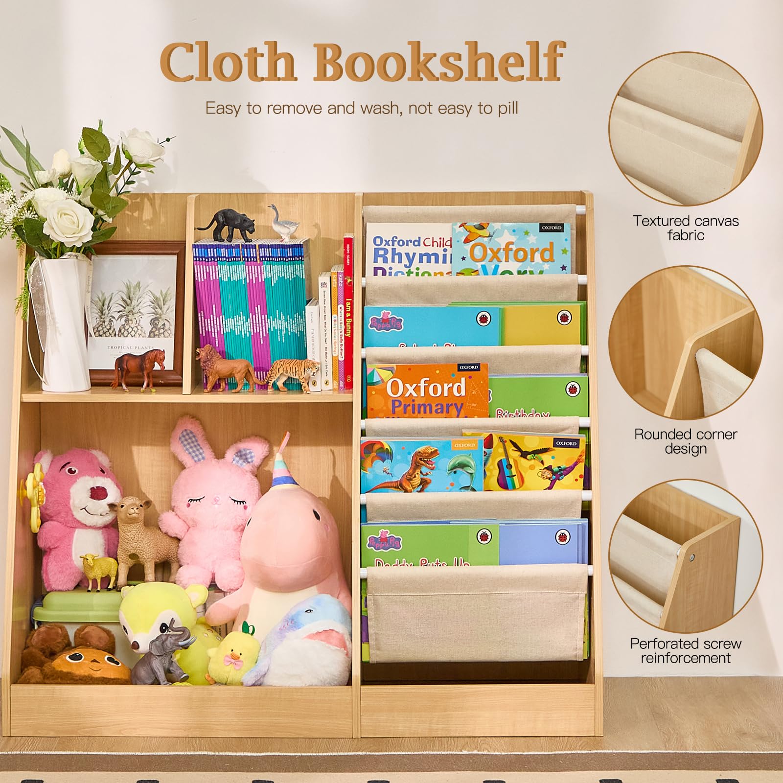 LEZASTAR Kids Bookshelf and Toy Storage, Kids Wooden Bookshelf with Layer Sling Bookcase, Sling Book Shelf and Toy Storage for for Playroom, Kids Room, Classroom, Nursery (Natural)