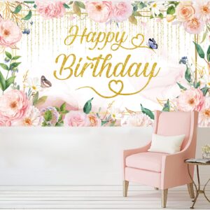 SMENGGIL Florals Happy Birthday Banner Backdrop Flowers Plants Butterfly Photography Background Hanging Pink Gold Green Birthday Party Decoration Supplies for Girls Womens Birthday Decor 72.8*43.3in