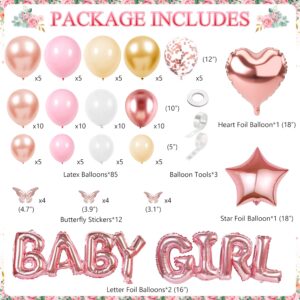 Baby Shower Decoration for Girl Baby Girl Pink Rose Gold Baby Shower Decoration Floral Gender Reveal Party Supplies with It's a Girl Backdrop Balloon Arch Baby Box with Letter Butterfly Sticker