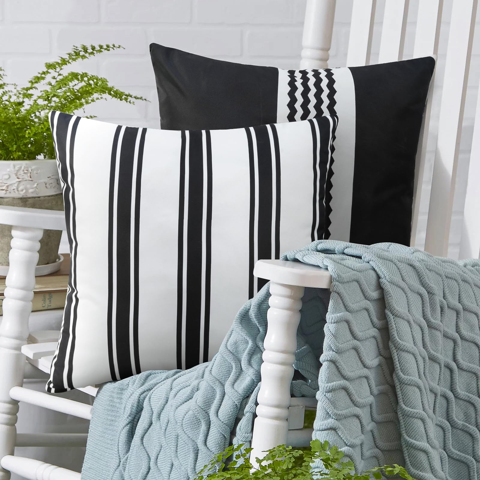 cygnus Pack of 2 Outdoor Waterpoof Throw Pillow Covers Geometric Stripes Square Garden Cushion Cases Patio Furniture Pillow Covers Black and White,18x18 Inch