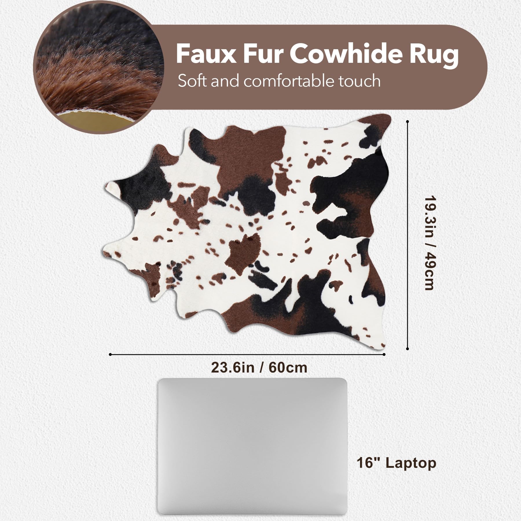 Fttoyoly Faux Mini Cowhide Rug Rustic Chic Western Rugs for Decor Kids Room Dining Room,Durable Premium Faux Fur Animal Cow Hide Rugs Carpet for Western Decor Table Centerpieces,19.3" W x 23.6" L