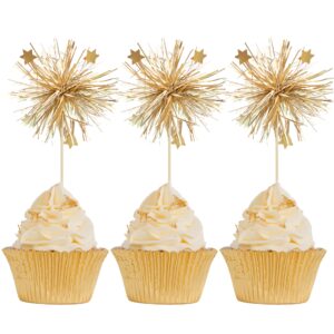 gyufise 30pcs foil firework cupcake toppers happy birthday cake toppers sparkle tinsel flower drink stirrers cocktail food fruit toothpicks for valentine's day party supplies gold