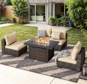 outdoor sectional furniture, 5 piece patio furniture set with 42-inch fire wicker propane fire pit table - all weather wicker rattan sofa conversation set for backyard lawn poolside deck, beige