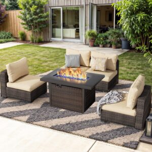 Outdoor Sectional Furniture, 5 Piece Patio Furniture Set with 42-inch Fire Wicker Propane Fire Pit Table - All Weather Wicker Rattan Sofa Conversation Set for Backyard Lawn Poolside Deck, Beige