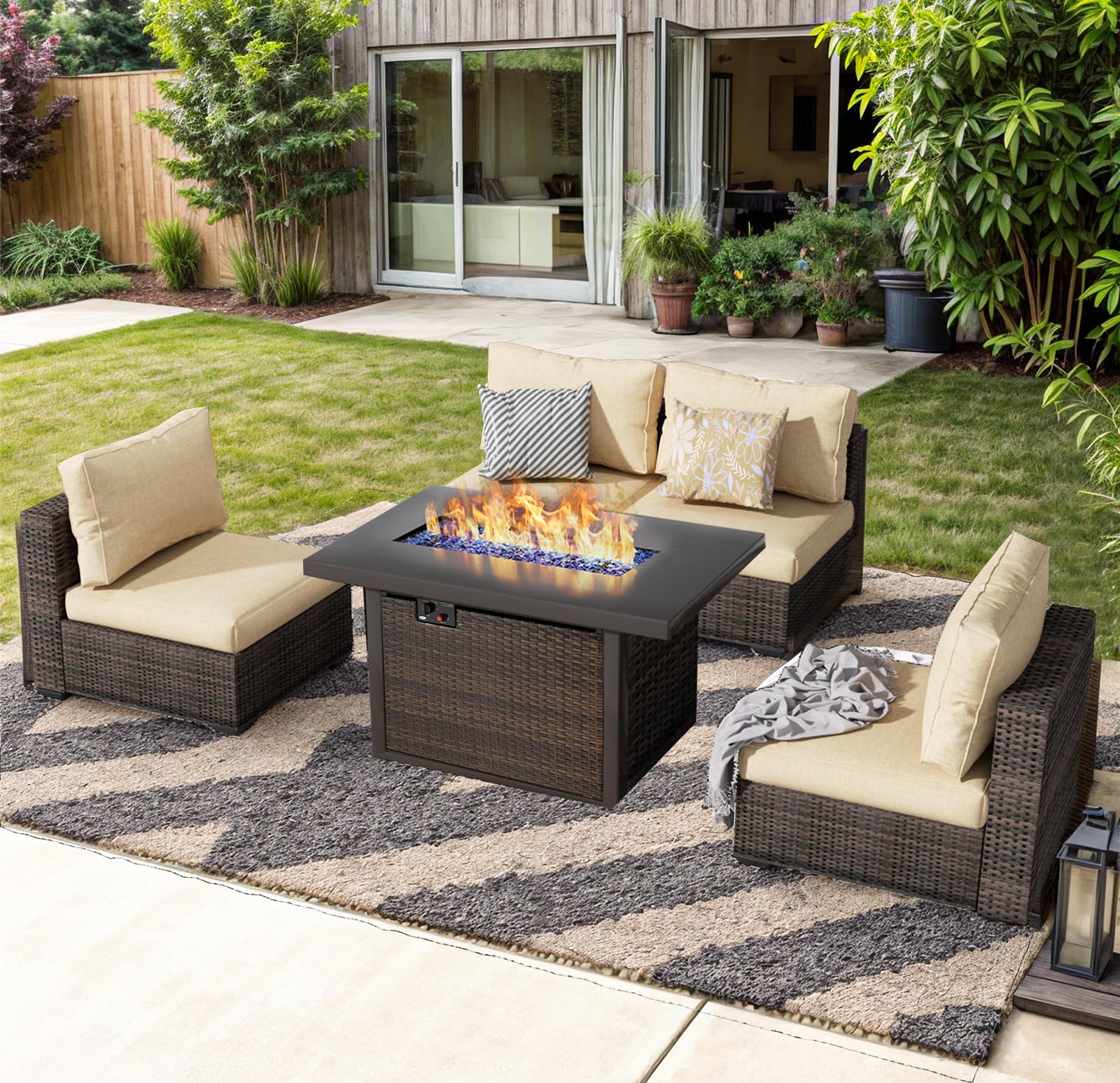 Outdoor Sectional Furniture, 5 Piece Patio Furniture Set with 42-inch Fire Wicker Propane Fire Pit Table - All Weather Wicker Rattan Sofa Conversation Set for Backyard Lawn Poolside Deck, Beige