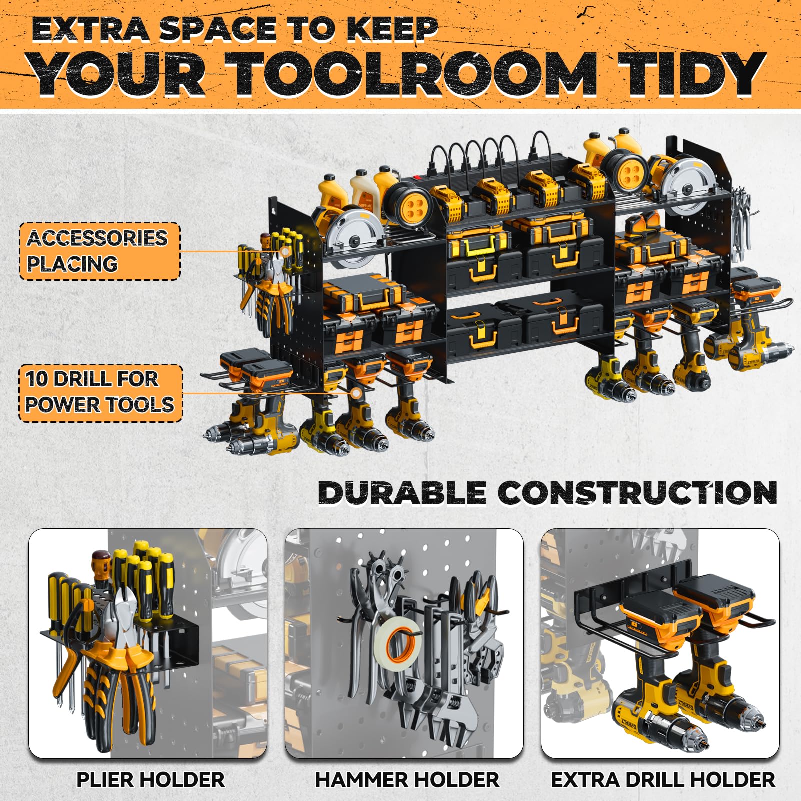 WIWIDRM Upgrade Large Power Tool Organizer Wall Mount with Charging Station Tool Storage Rack with 6.5FT Power Strip 10 Drill Holder and Storage Rack for Garage Organization