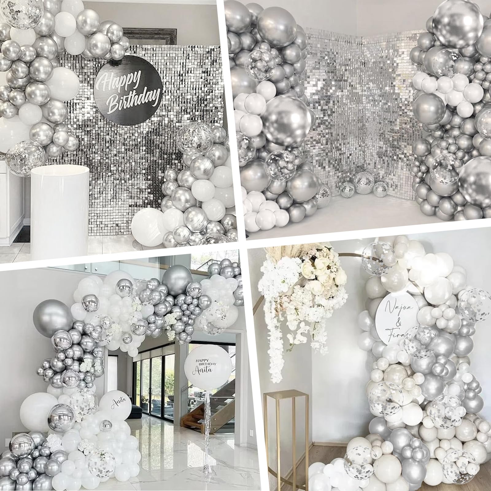 132pcs Silver and White Balloon Arch Kit, Metallic Silver and White Balloons Different Sizes of 18 12 10 Inch Balloons for Wedding Anniversary Baby Shower Graduation Birthday Party Decoration