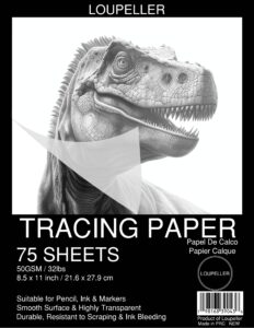 loupeller 8.5” x 11” tracing paper for drawing – 75 sheets of 32lb / 50gsm – wrinkle free highly transparent tracing paper pad – works with pen, pencil & marker – for artists, architects & kids