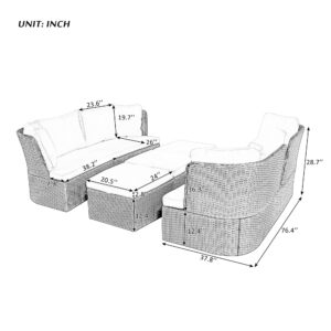 XD Designs 5-Piece Outdoor Patio Daybed Convertible Sofa Set, All-Weather PE Wicker Conversation Set with Washable Cushions and Liftable Coffee Table for Garden Backyard Poolside (Beige+HD)